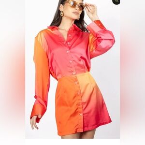 Ronny kobo Jones dress Women Medium Orange Sunset Mini Long Sleeves Button Down